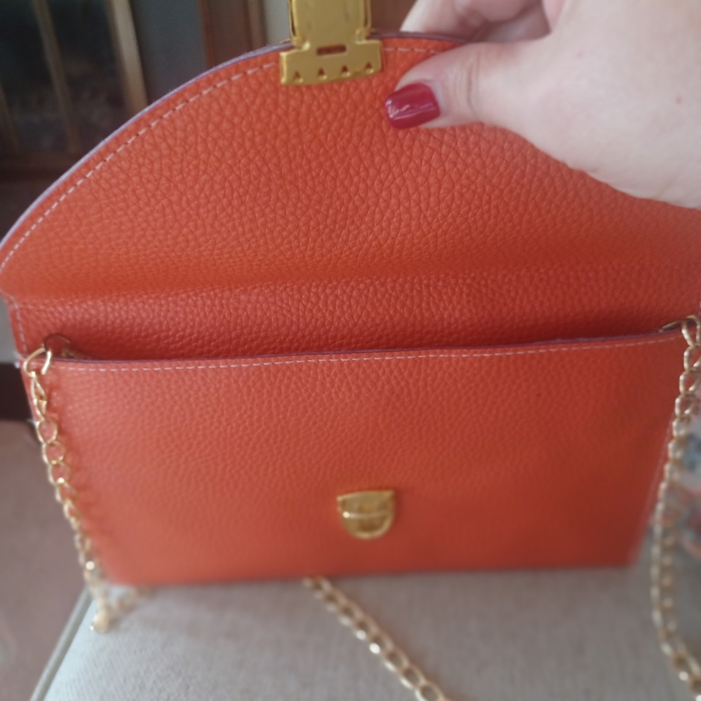 Orange Envelope Clutch with Gold Chain - Picture 4 of 10